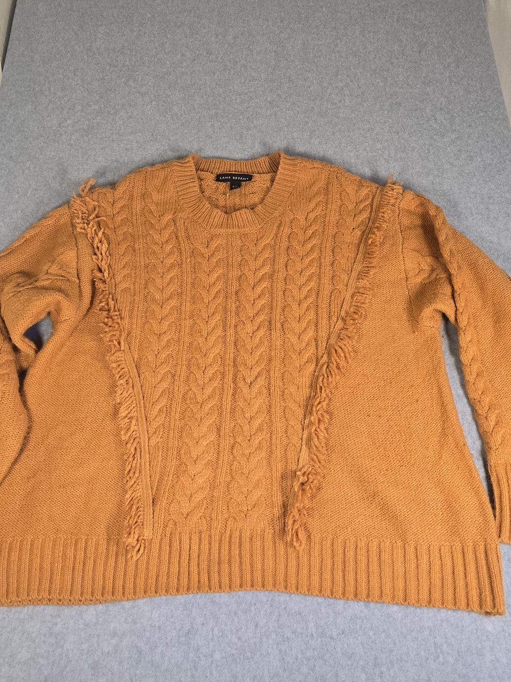 Lane Bryant 18/20 Mustard Cable Knit Fringe Sweater Plus Size Fall Boho